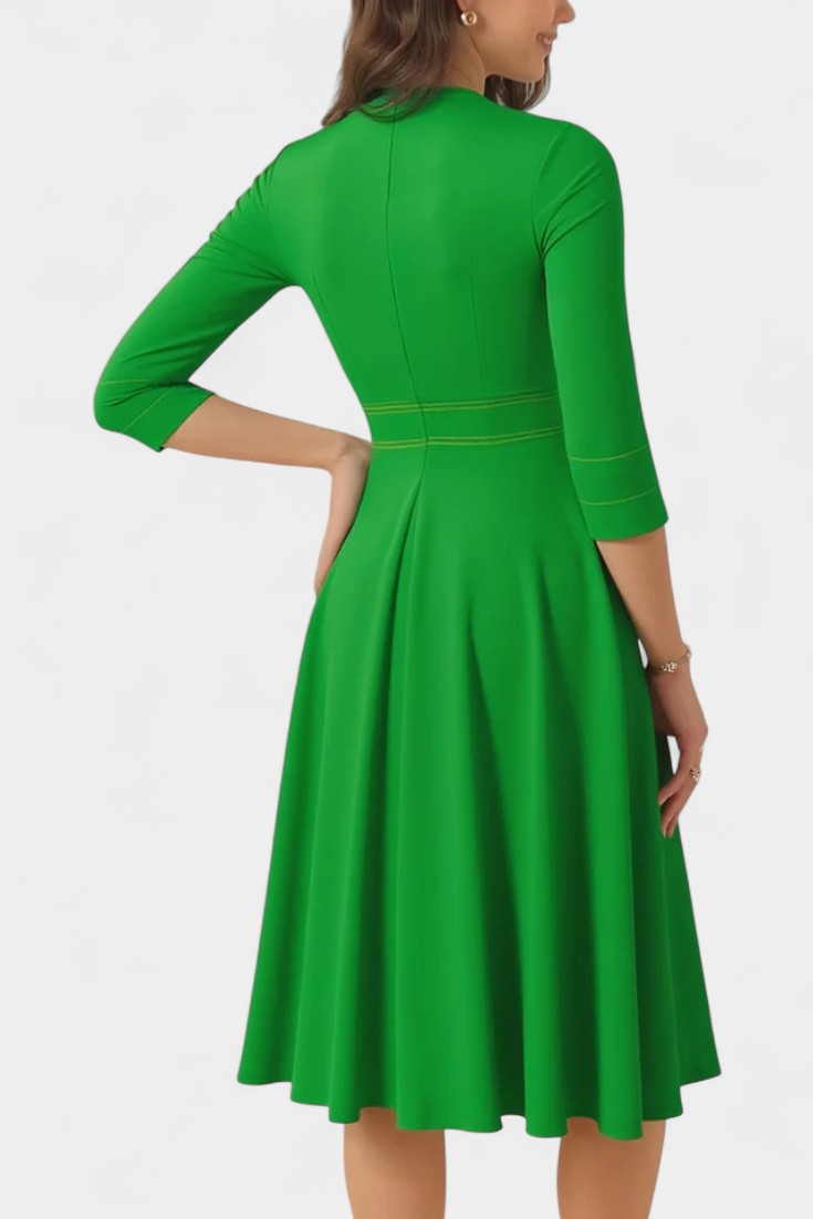 Chantal Midi Flared Dress Featuring Round Neck and 3/4 Sleeves