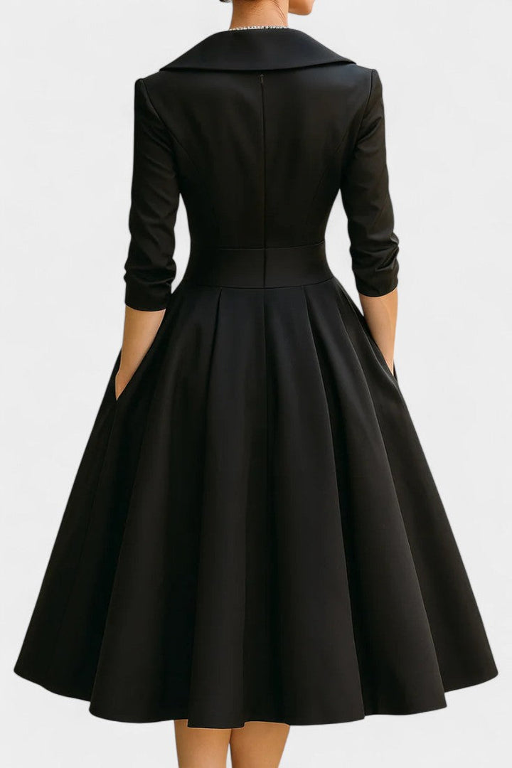 Solid Color Nixie Midi Dress with V-Neck and A-Line Silhouette