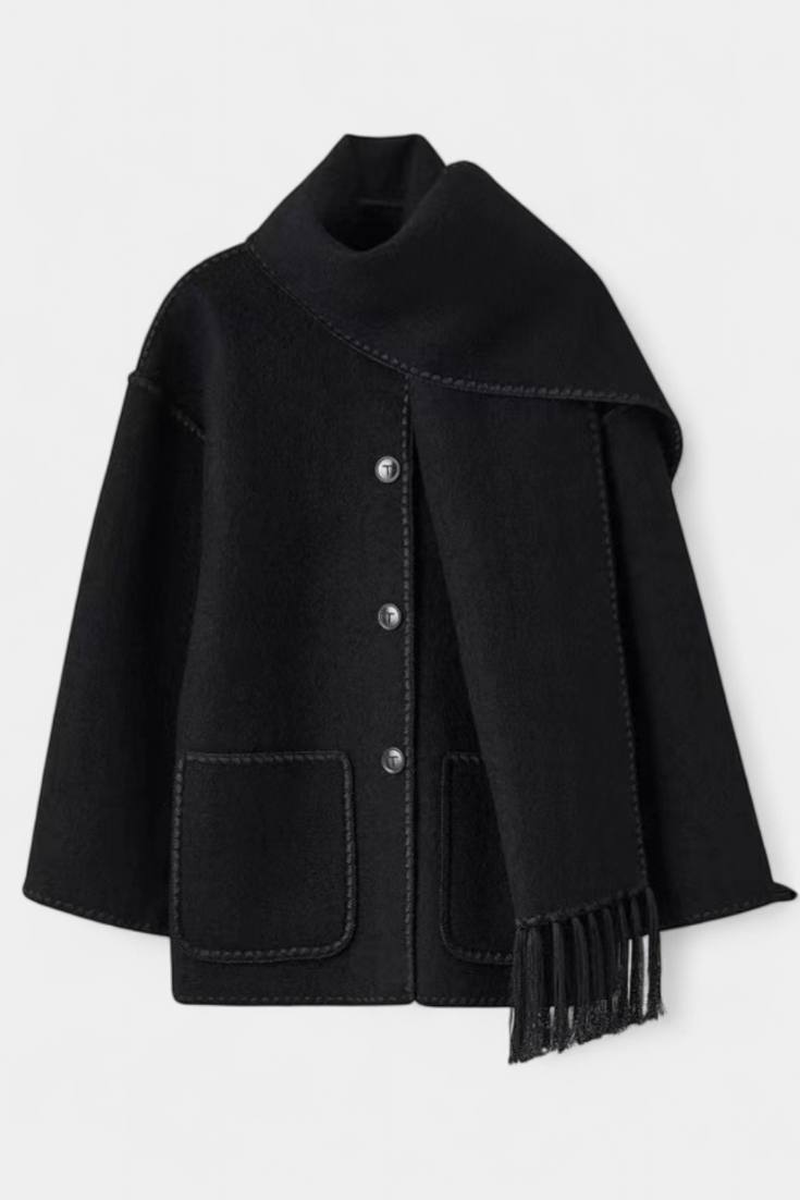 Pauline Coat Featuring Built-In Scarf and Flowing Design