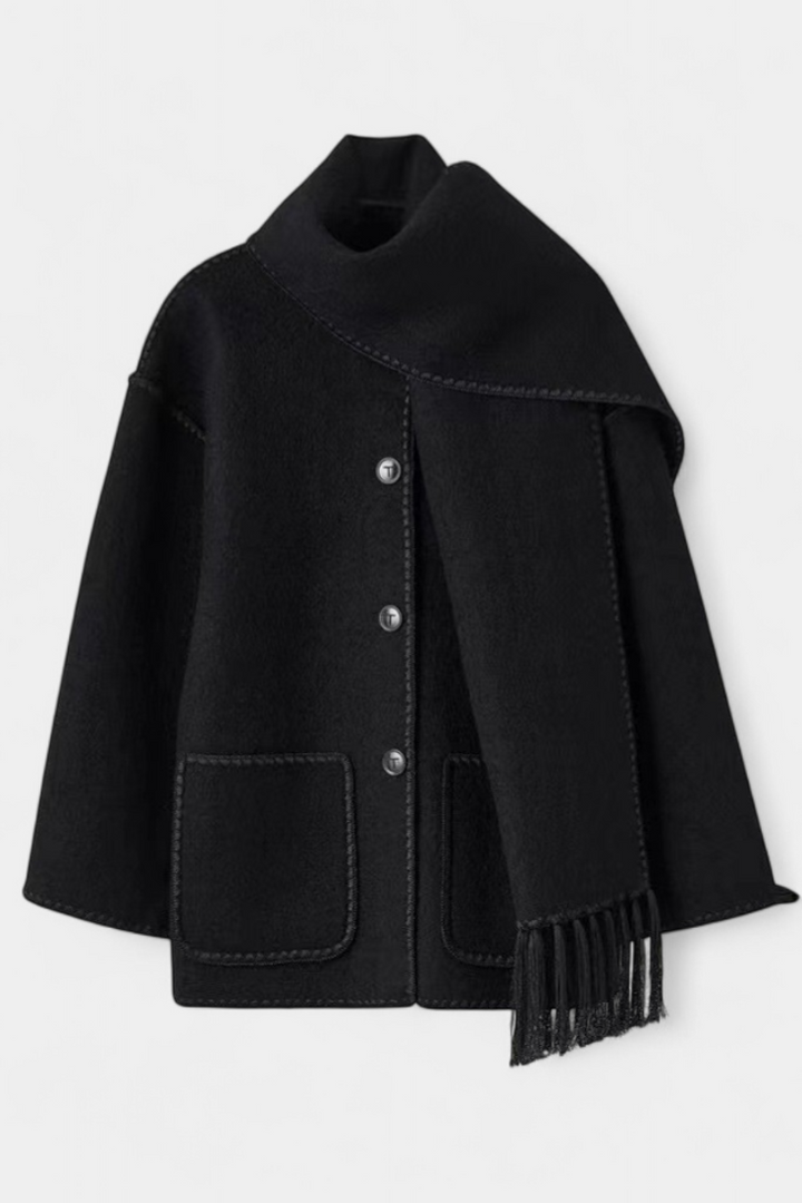 Pauline Coat Featuring Built-In Scarf and Flowing Design