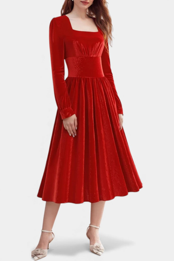 Cordélia Velvet Midi Dress for Christmas with Square Neck
