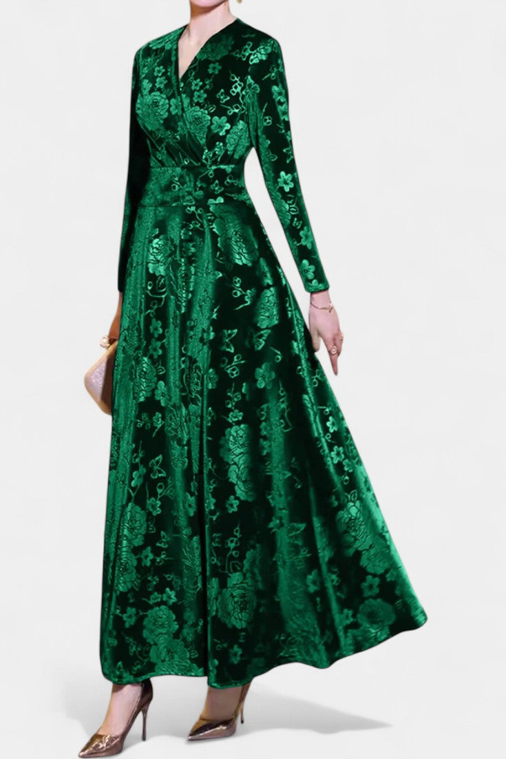 Ombeline V-Neck Long Velvet Dress with Textured Floral Design