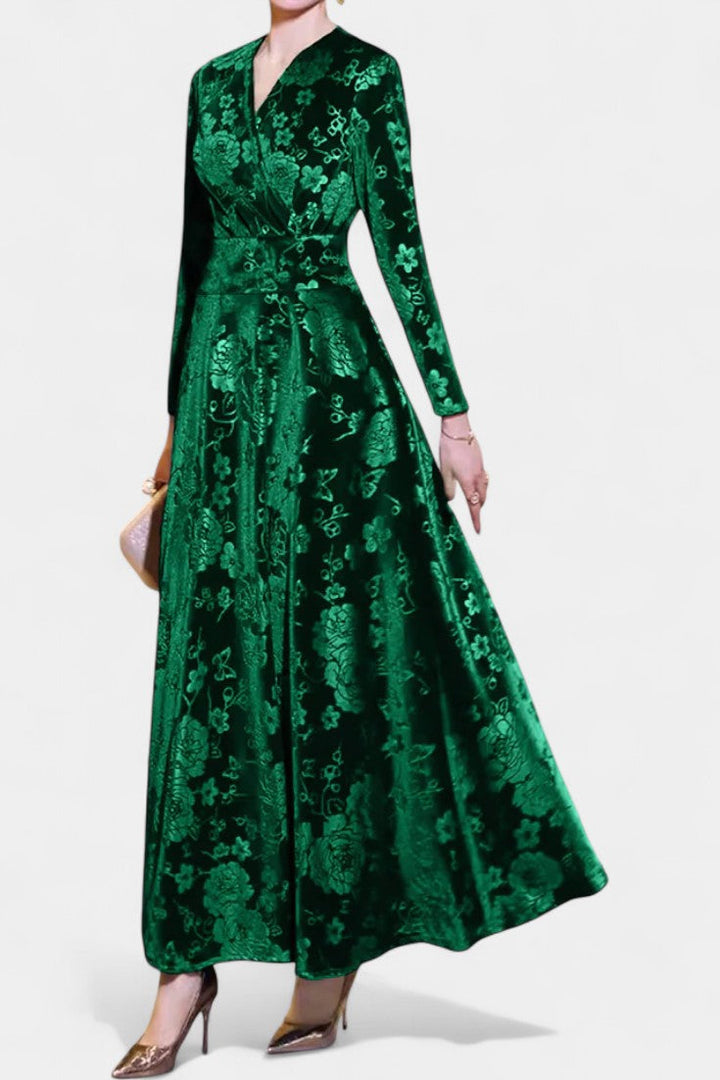 Ombeline V-Neck Long Velvet Dress with Textured Floral Design