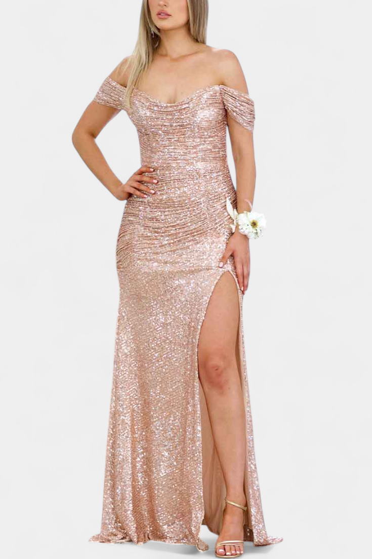 Off-Shoulder Mermaid Dress by Ariel with Ruched Corset and High Slit