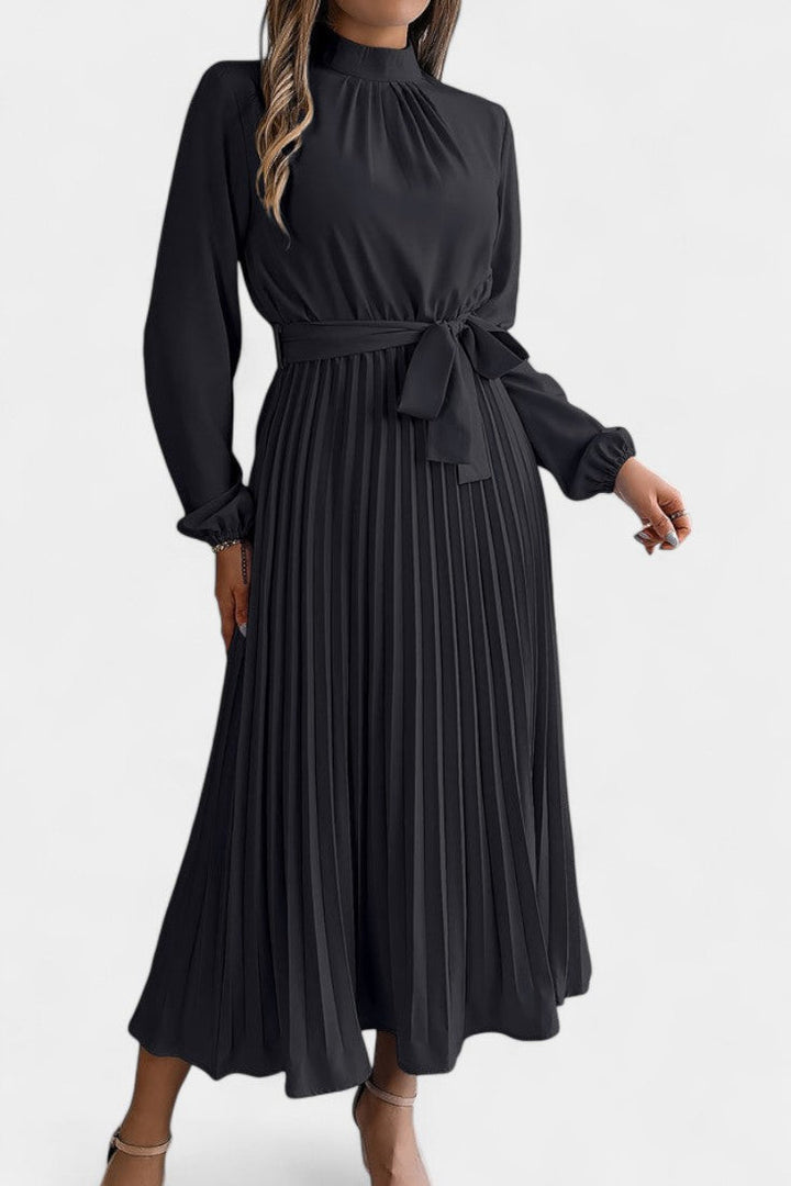 Morgane Pleated Dress Featuring a High Gathered Collar and Tied Waist