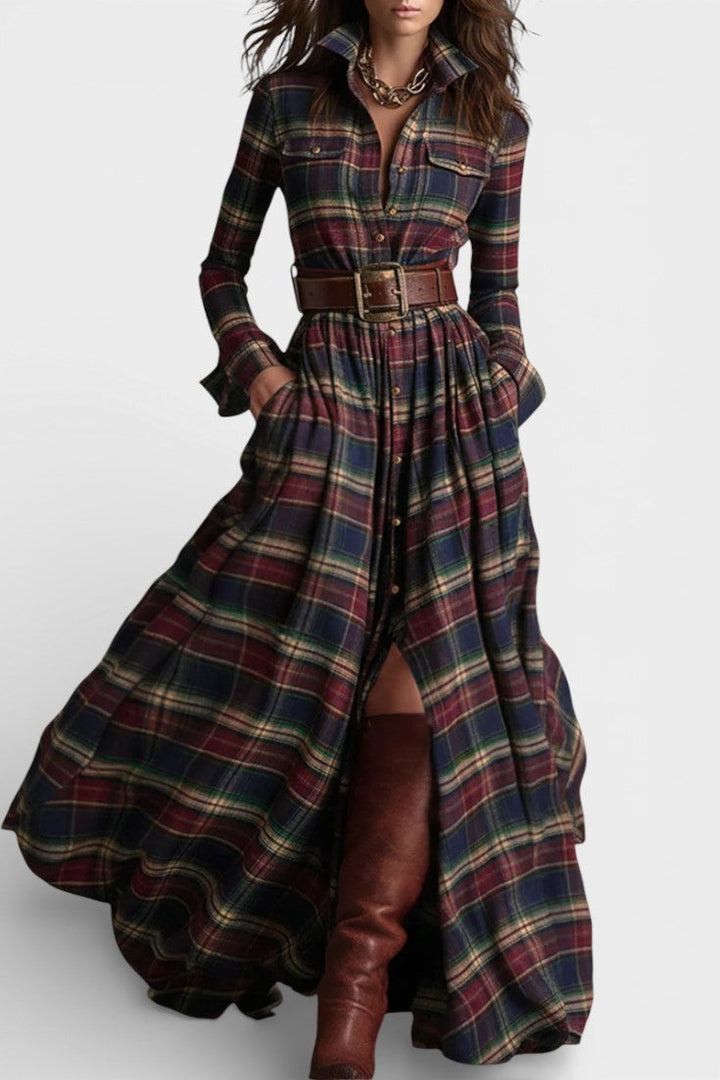 Eustellia Long Checkered Dress with Vintage Ethnic Flair