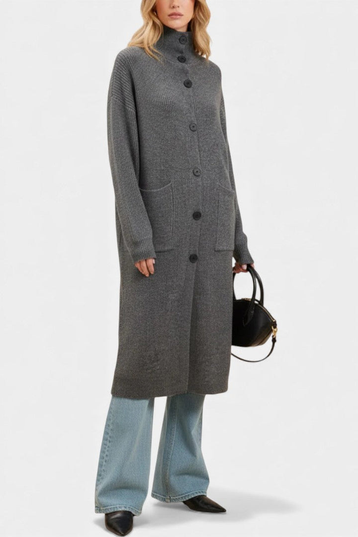 Clarisse Long Knit Coat Featuring a Cozy Turtleneck and Button Closure