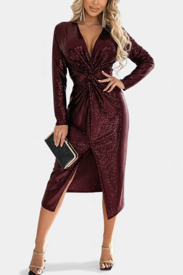 Sofina V-Neck Sequined Dress with Chic Slit