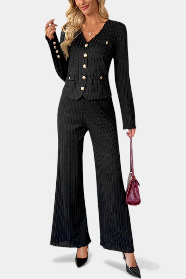 Nahia Minimalist Knit Top with Wide-Leg Pants Set