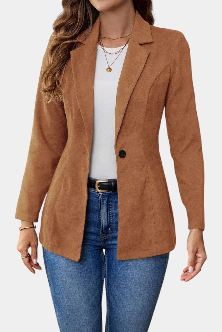 Rhéane Notched Lapel Long Blazer with Single Button Closure