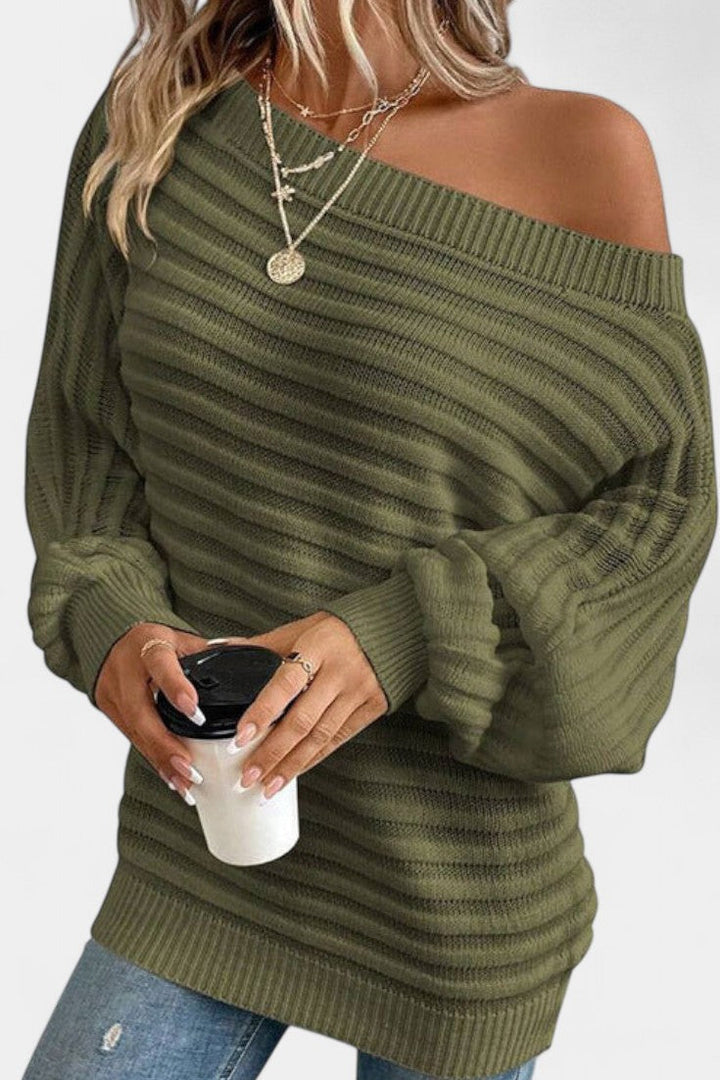 Nemba Casual Striped Batwing Sleeve Sweater with Boat Neck