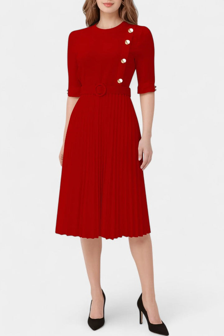Zandie Chic Pleated Dress Featuring Stylish Decorative Buttons