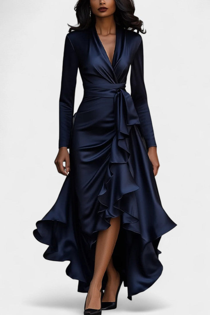 Isabeau Satin Dress Featuring Ruffled Hem and Adjustable Waist Belt