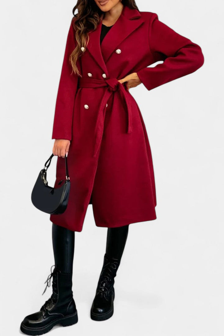 Miguelle Double-Breasted Coat Featuring a Tie Belt