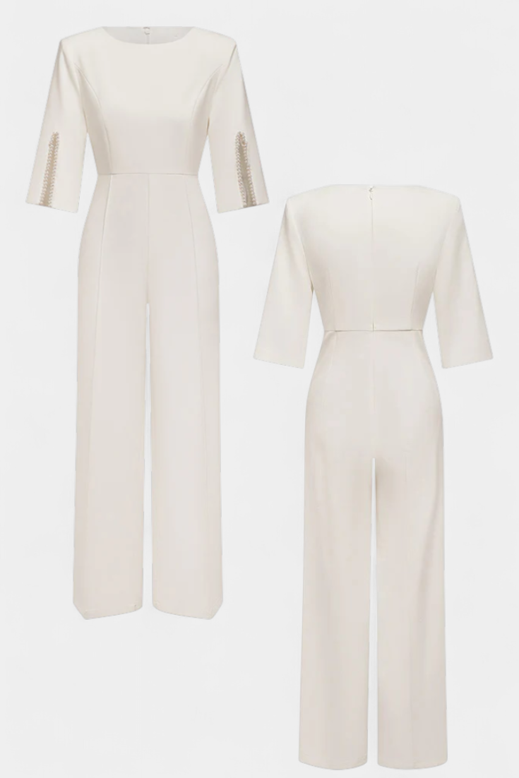 Chic Three-Quarter Sleeve Jumpsuit with Pearl Accents