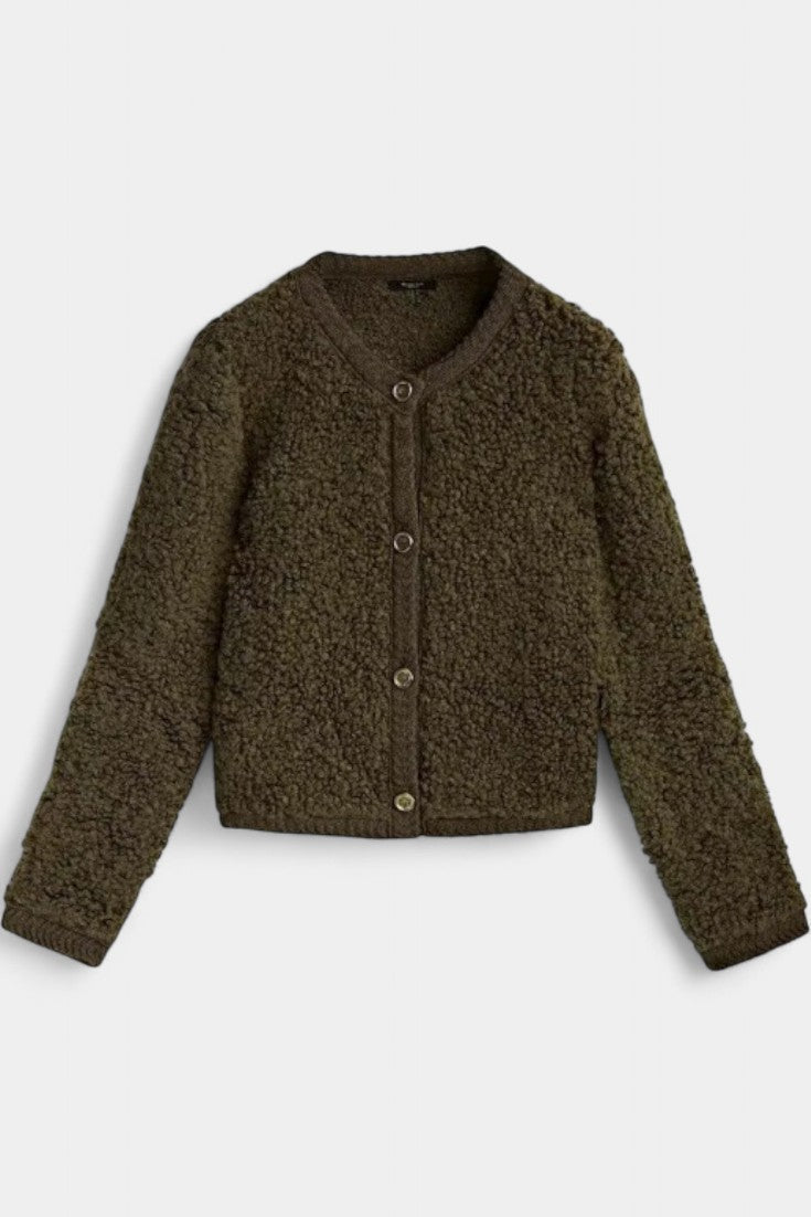 Chenda Button-Up Plush Cardigan with Ribbed Accents