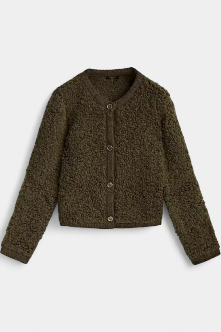 Chenda Button-Up Plush Cardigan with Ribbed Accents