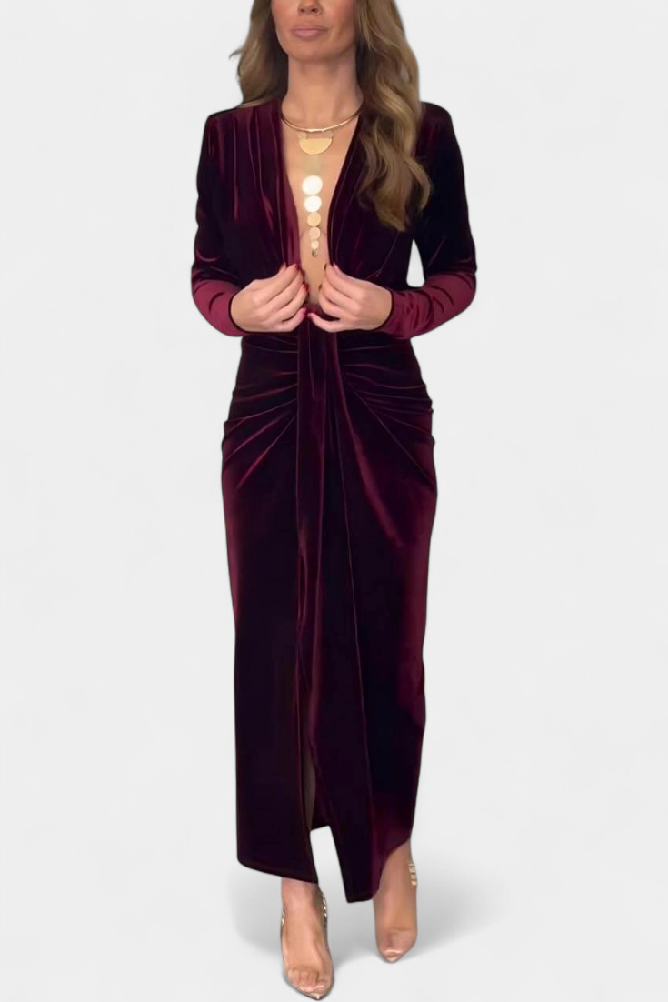 LaVerna Golden Robe with Deep V-Neckline and Front Slit