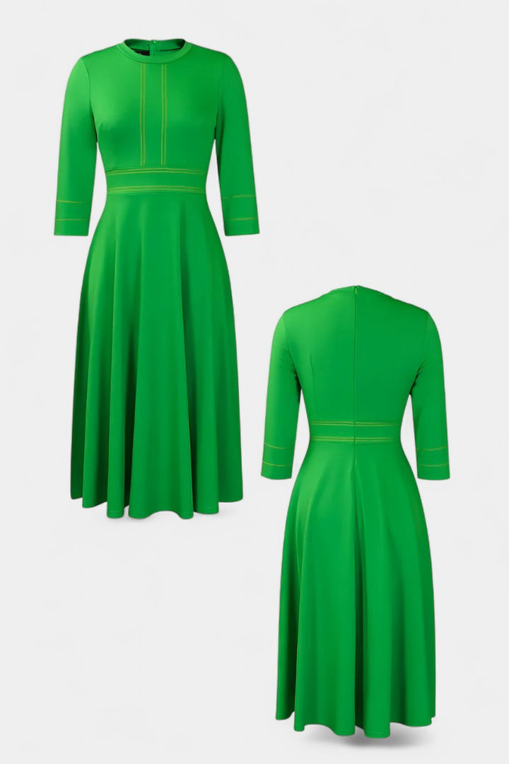 Chantal Midi Flared Dress Featuring Round Neck and 3/4 Sleeves