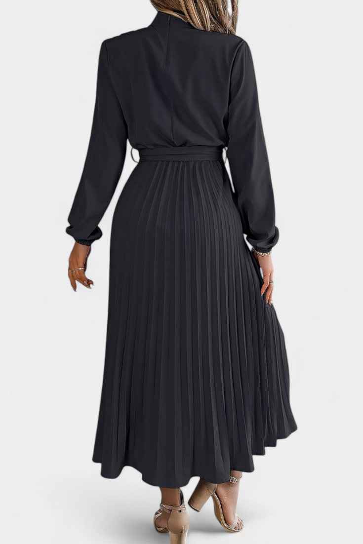 Morgane Pleated Dress featuring a High Ruffled Collar and Tied Waist