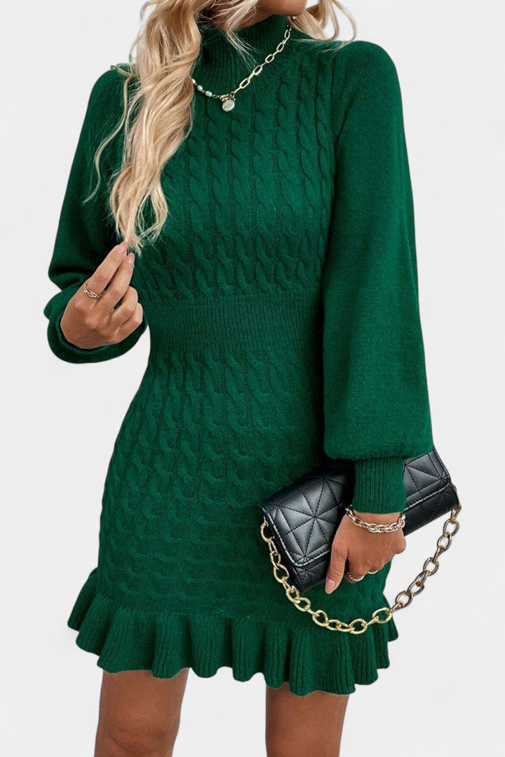 Eglantina High Neck Mini Bodycon Knit Dress with Ruffle Details