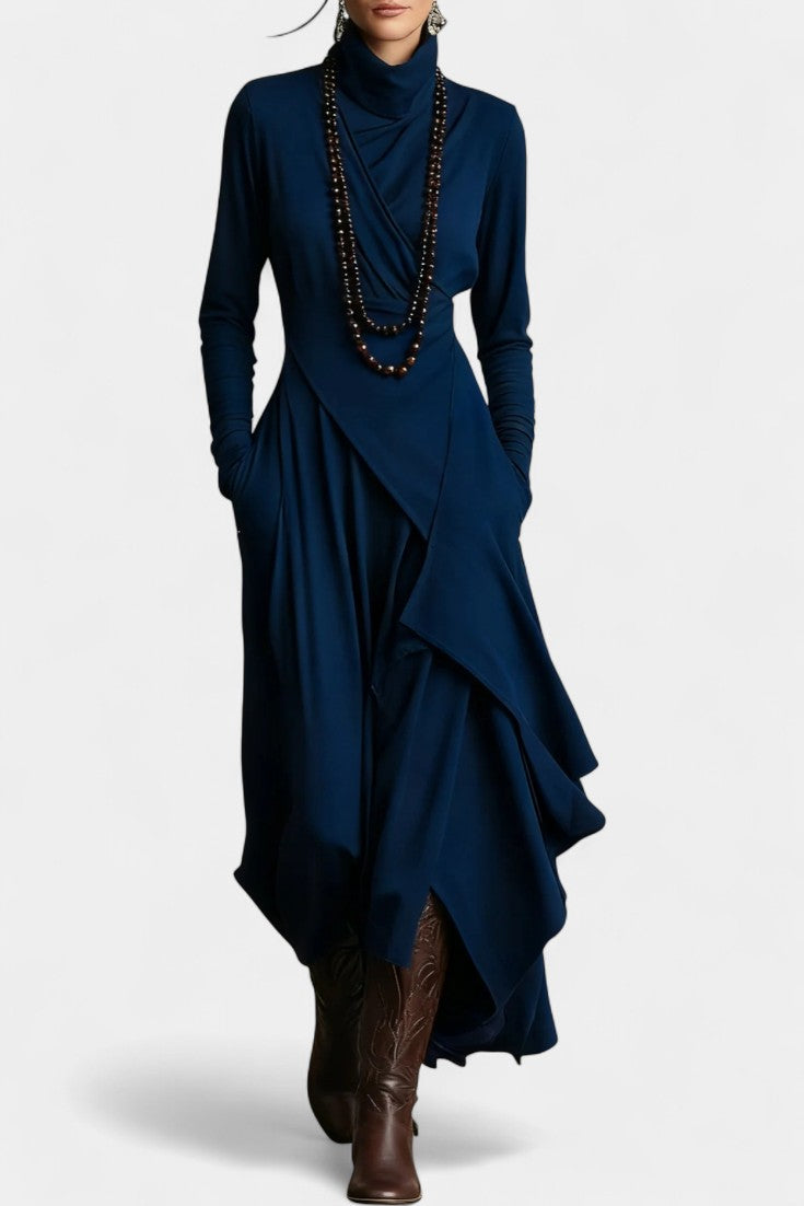 Ébeline High Neck Asymmetrical Pleated Maxi Dress
