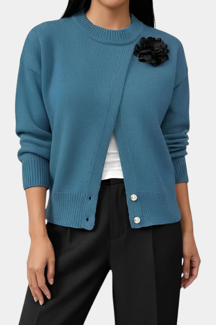 Carole Solid Color Knitted Sweater with Button Accents and Floral Embellishments