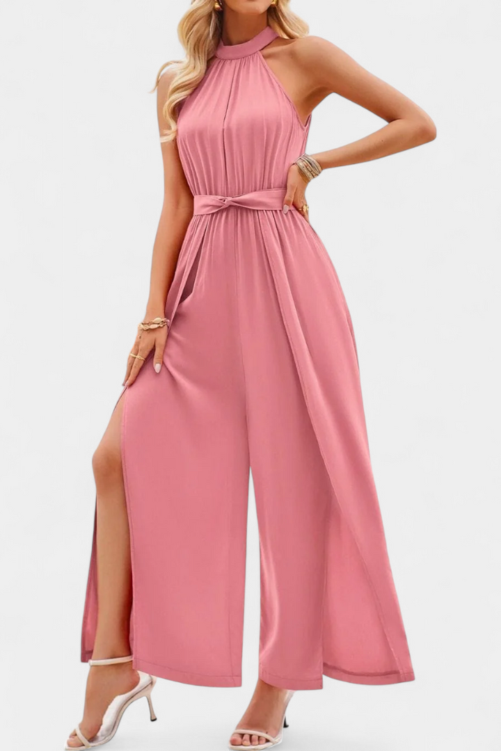 Asymmetrical One-Shoulder Jumpsuit with Bow Accent by Nyree