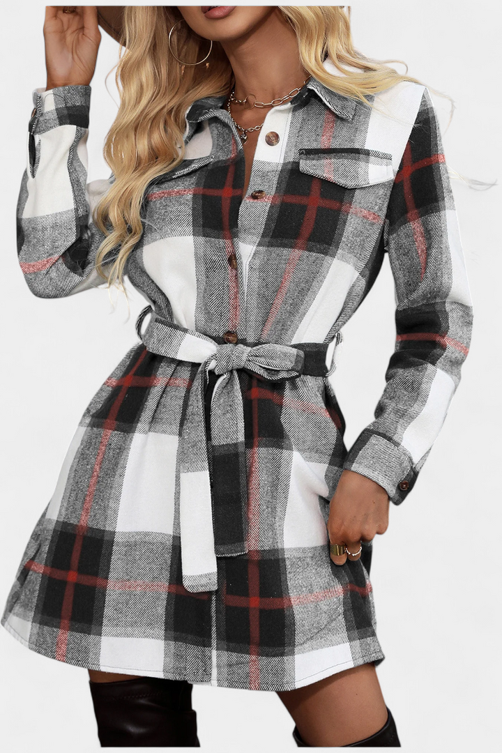 Masia Mini Check Shirt Dress Featuring Adjustable Belt