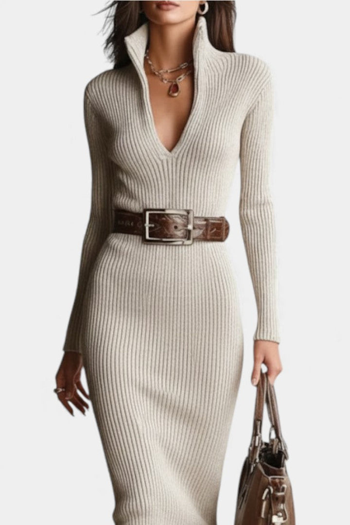Susana Fitted Midi Knit Dress with Half-Roll Collar and V-Neck - Beltless Design