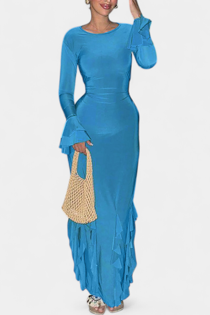 Calissa Long Fitted Dress Featuring Flared Sleeves and Flowing Ruffles