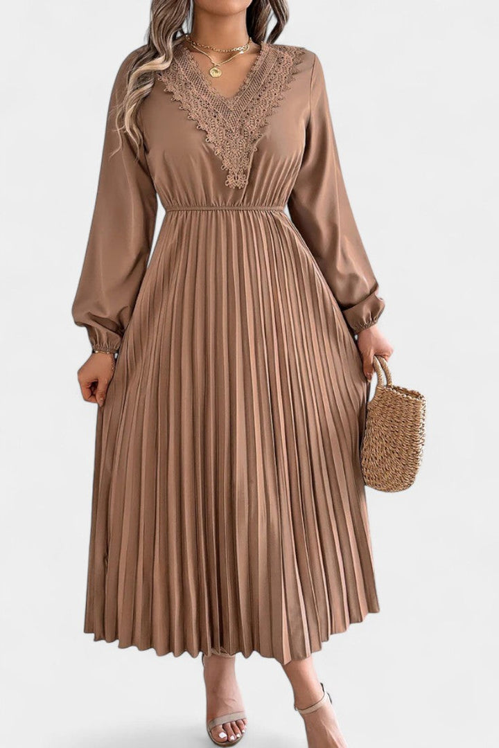 Séverine V-Neck Lace Dress with Long Puff Sleeves and Pleated Design