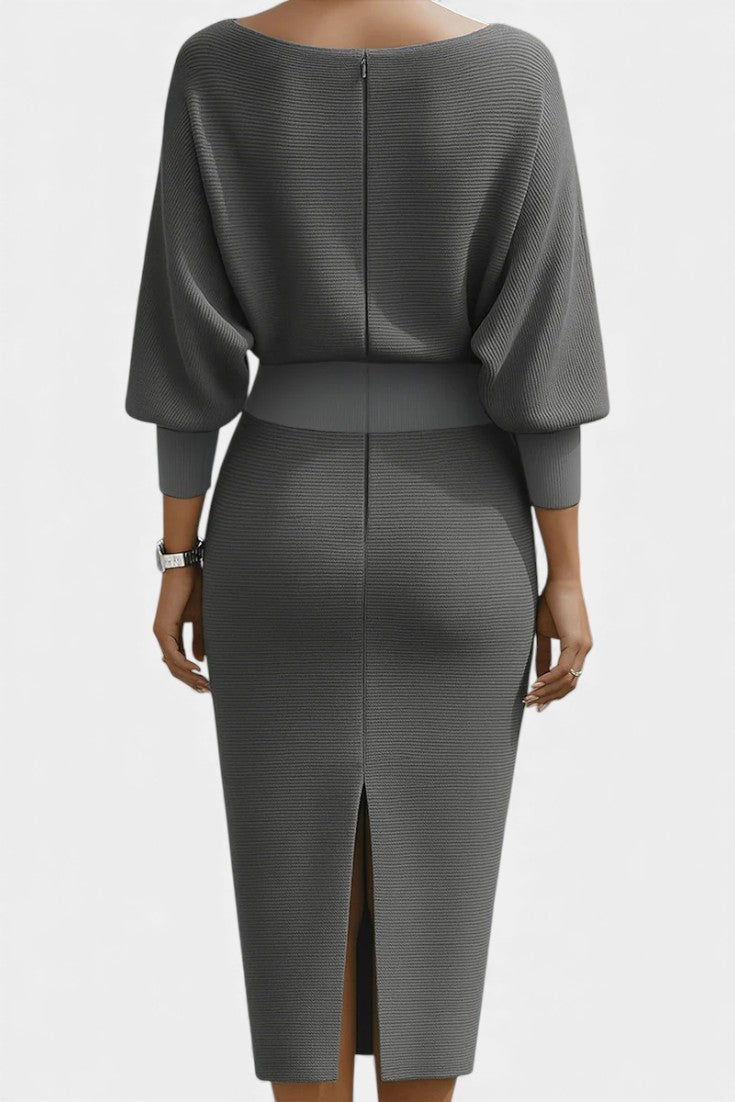 Marjolaine Midi Dress with Batwing Sleeves and Draped Design