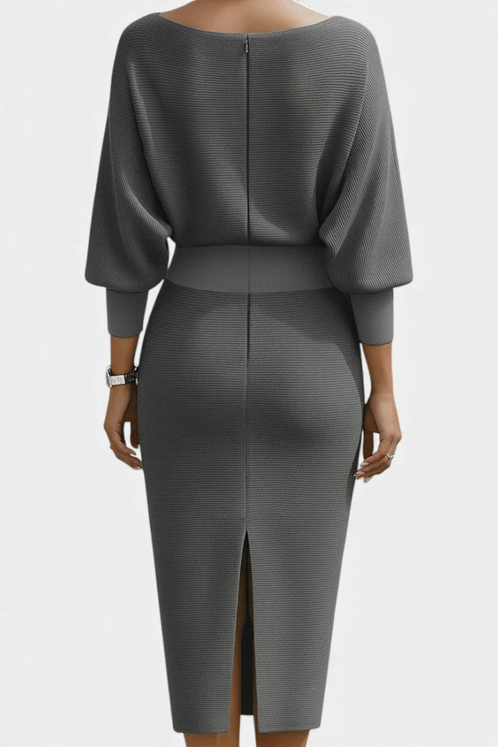 Marjolaine Midi Dress with Batwing Sleeves and Draped Design