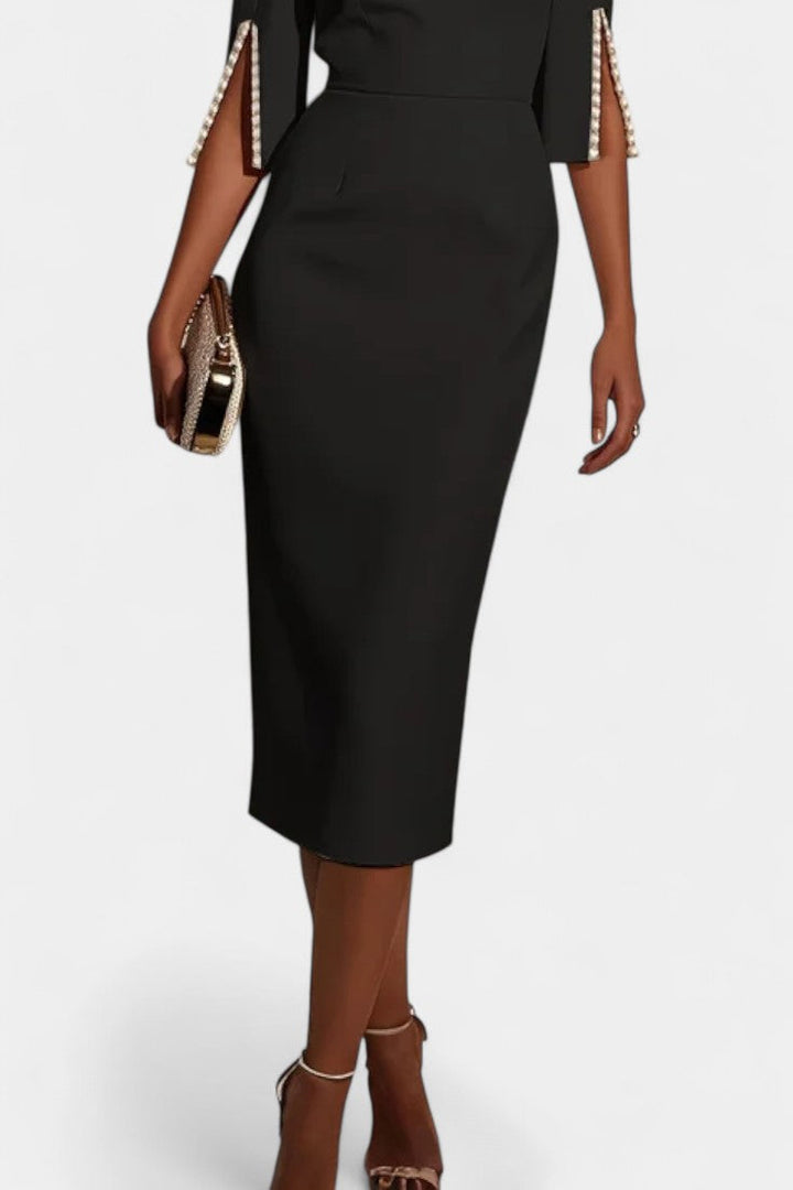 Reece Midi Dress Featuring Timeless Pearls and Classic Accents