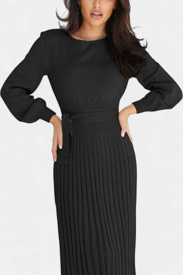 Chloéria Belted Midi Dress with Pleated Design and Ribbed Knit