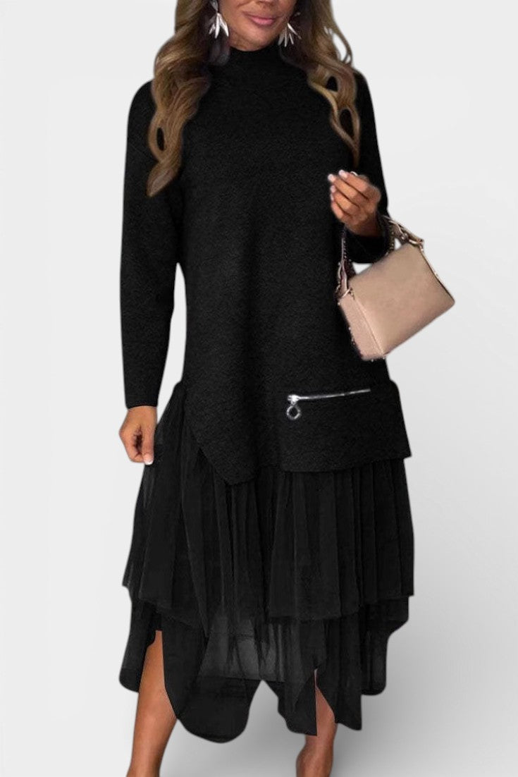 High Collar Fiorenza Knit and Tulle Dress