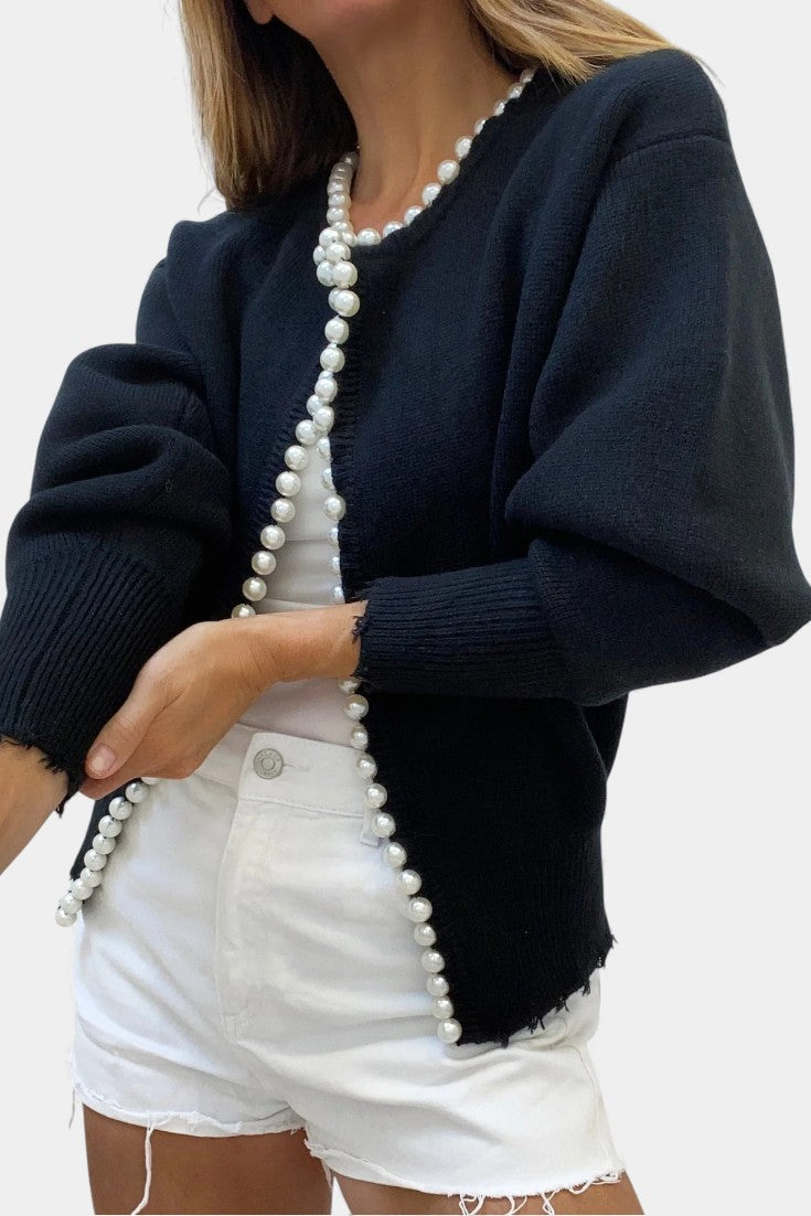 Beaded Edge Knit Cardigan with Frayed Hem by Prisette