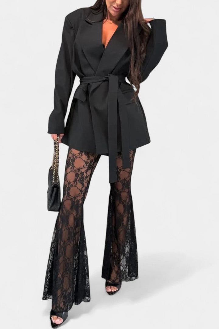 Demelza Set: Belted Blazer with Floral Lace Mermaid Trousers