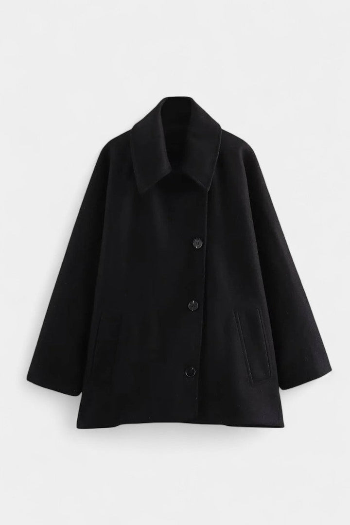 Ambreline Wool Coat with Notched Collar and Mid-Length Batwing Sleeves