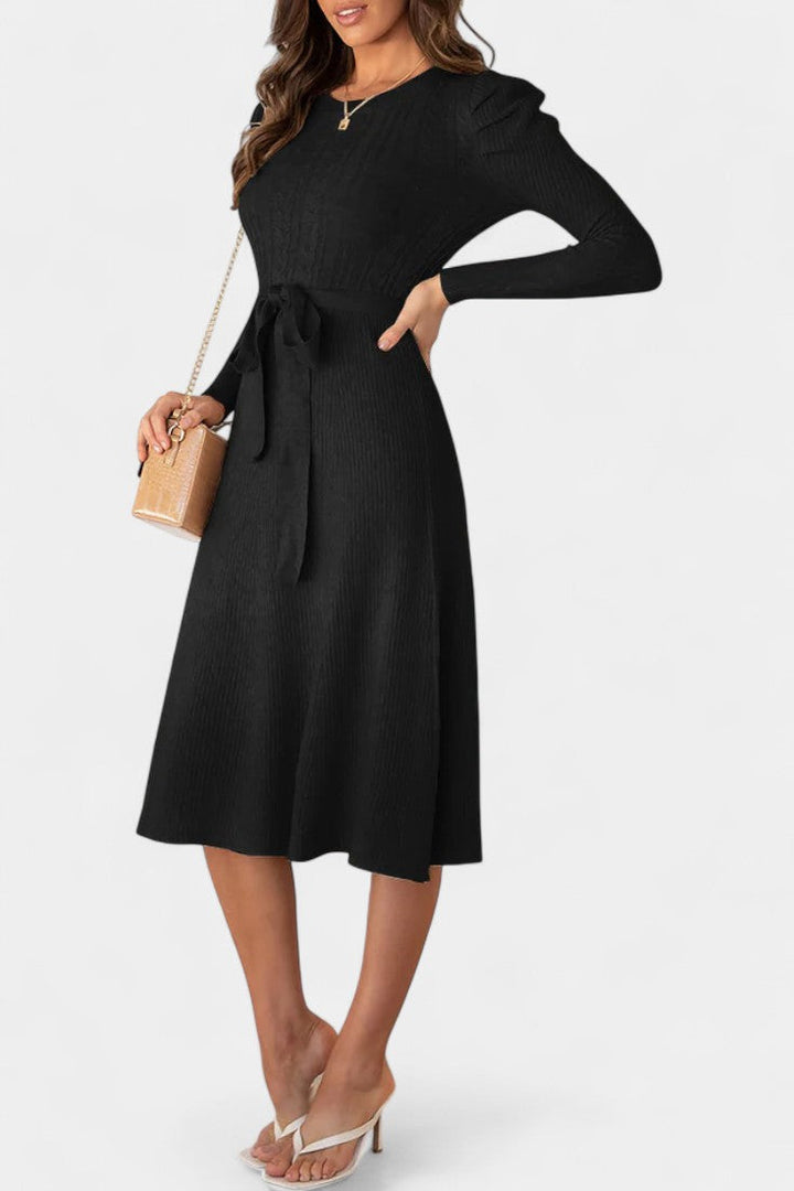Évoria Puff Sleeve Knitted Midi Dress with Lace Accents