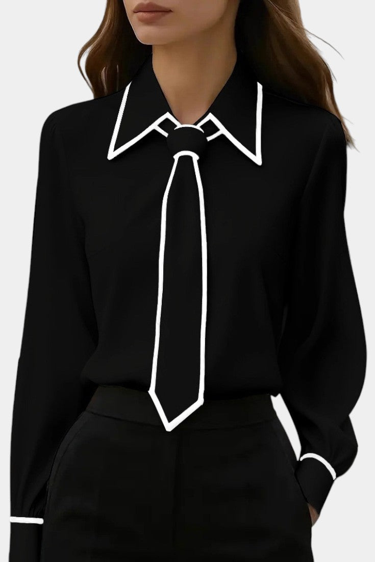 Ivory Maurine Blouse with Knotted Collar and Contrasting Details