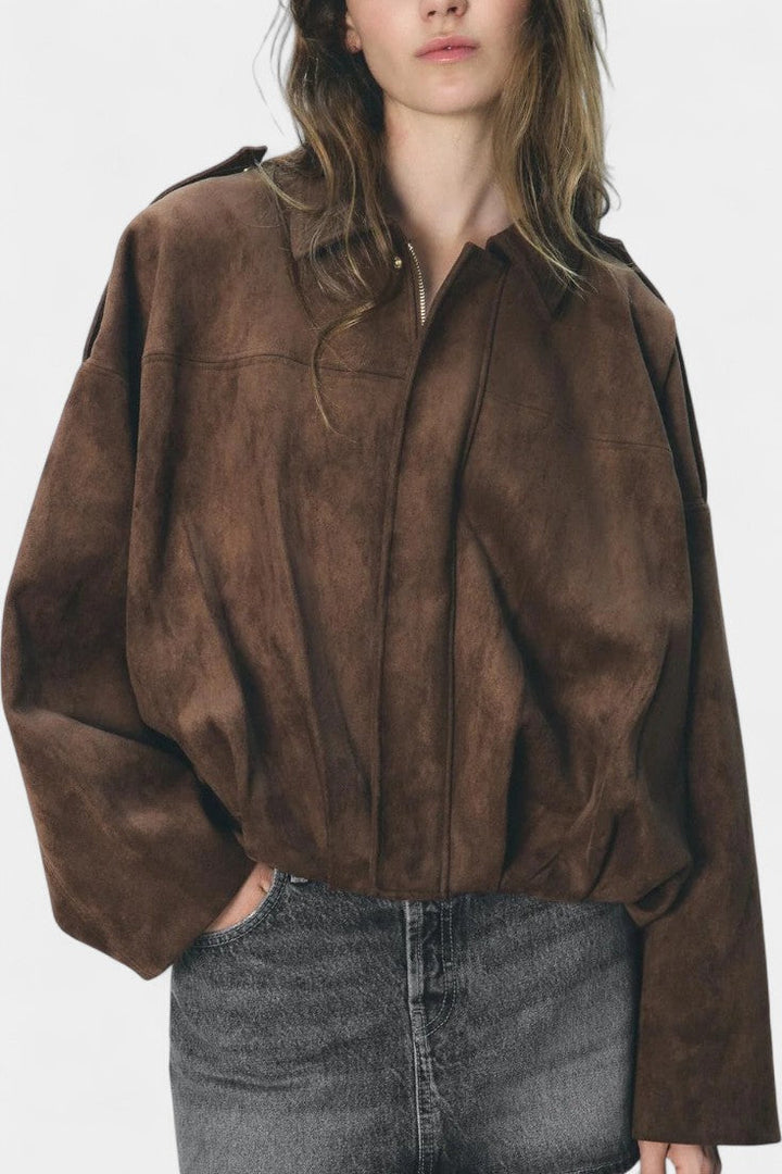 Monnie Suede Oversized Bomber Jacket with Structured Shoulders