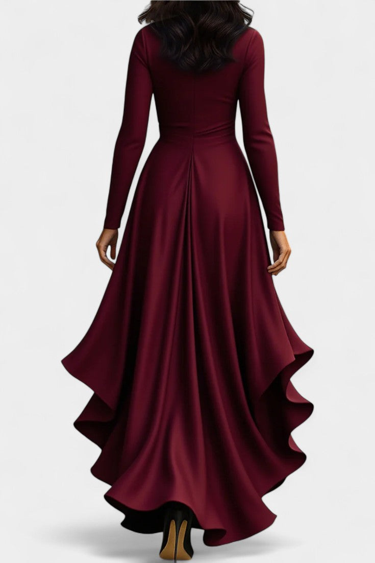 Isabeau Satin Dress featuring Ruffled Hem and Adjustable Belt