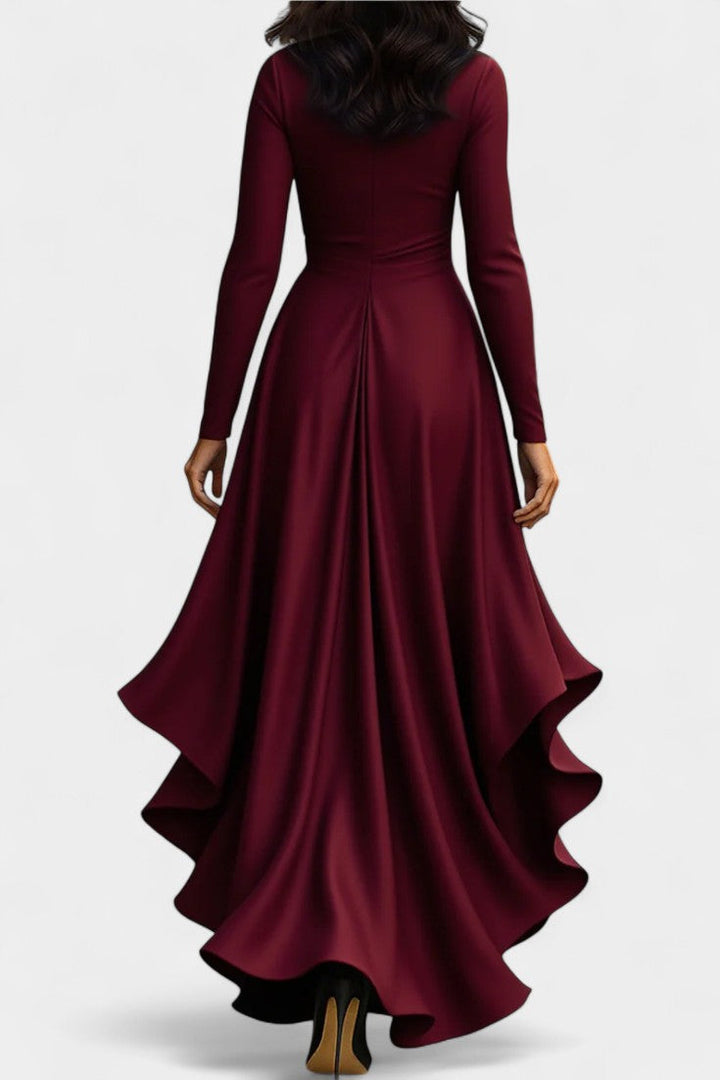 Isabeau Satin Dress featuring Ruffled Hem and Adjustable Belt