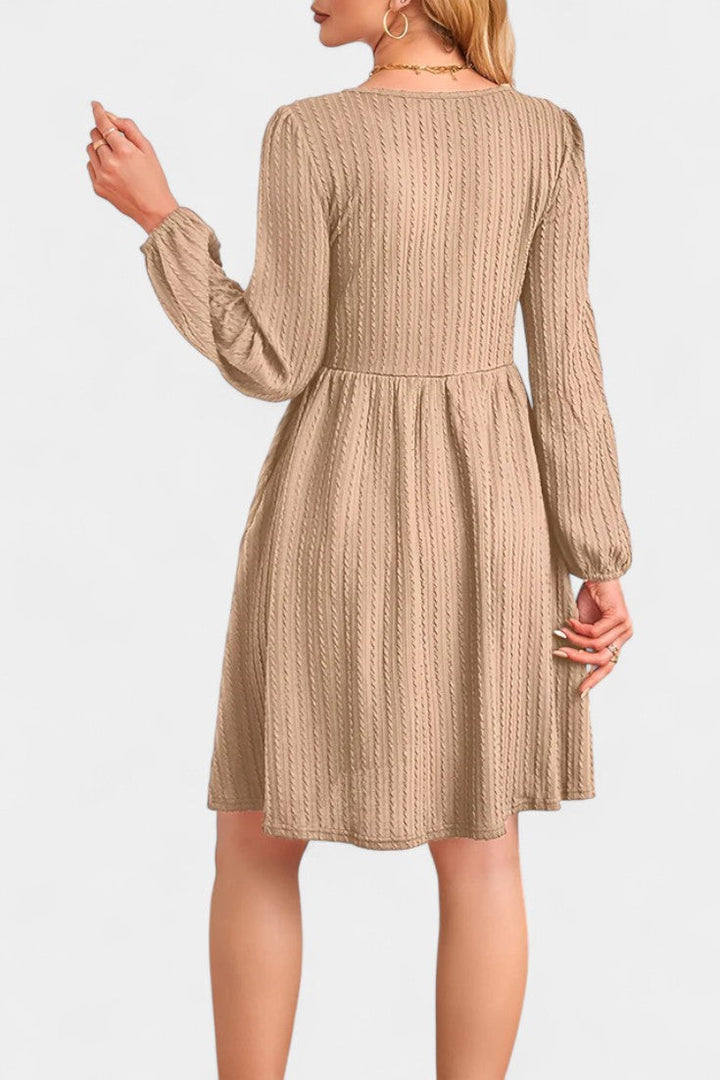 Dorothée Long Sleeve Textured Flared Dress with Round Neck
