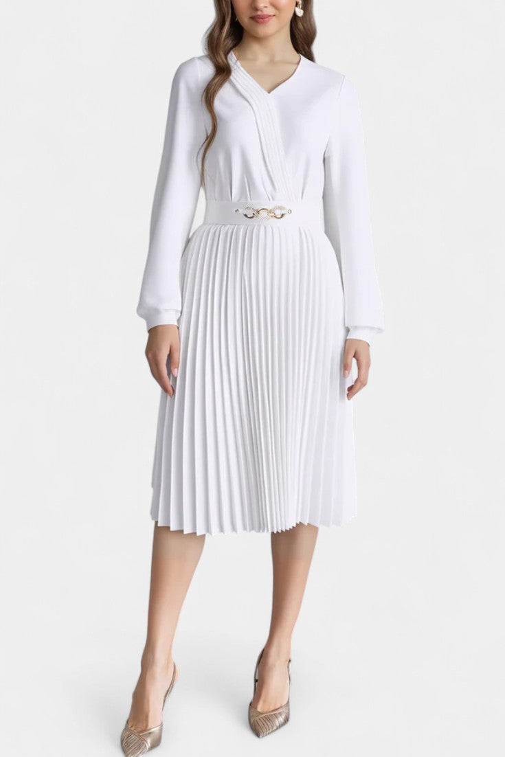 Lucie Long Sleeve Midi Dress with Pleats and Belt