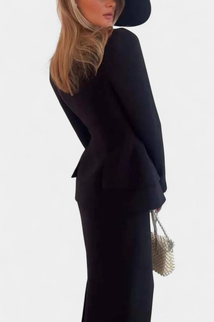 Ediline Blazer Set with Square Collar and Flowing Long Skirt