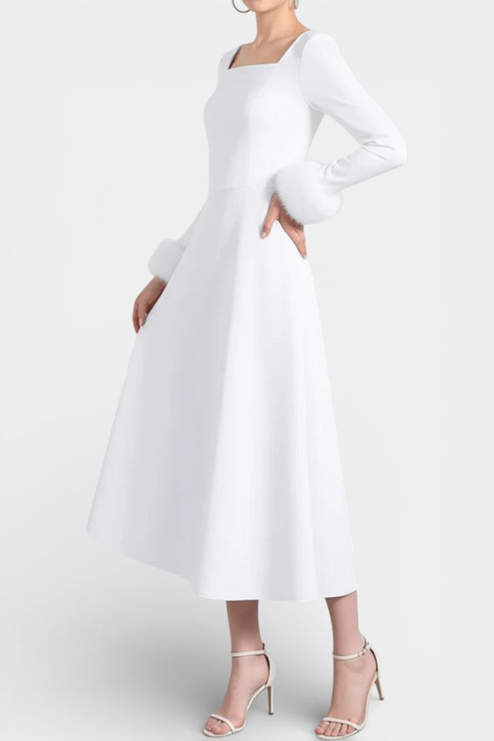 Alicia Square Neck Flared Dress with Patchwork Faux Fur Sleeves