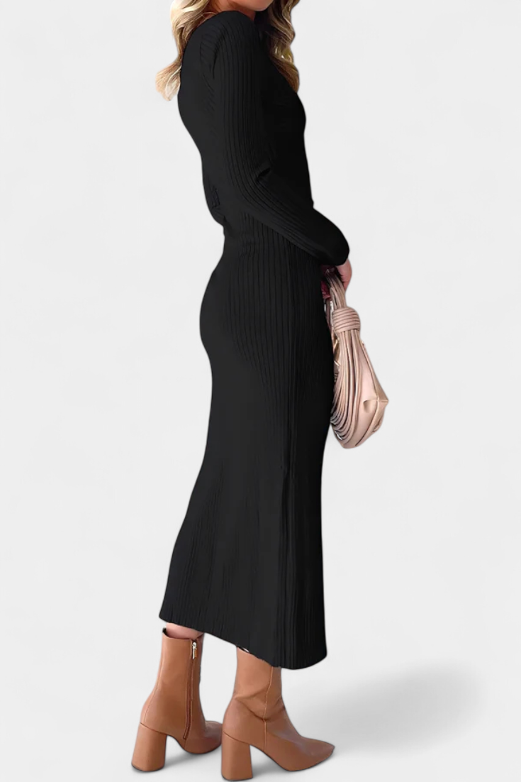 Mélusine Ruched V-Neck Long Sleeve Fitted Knit Dress